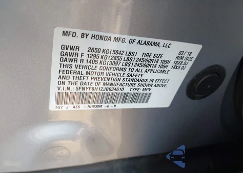 2018 Honda Pilot Lx из США, поврежденный, VIN 5FNYF6H12JB034610